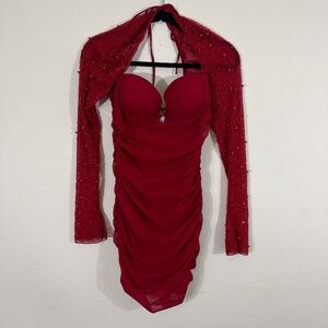 Oh Polly  St. Germain Embellished Long Sleeve Mini Dress in Red